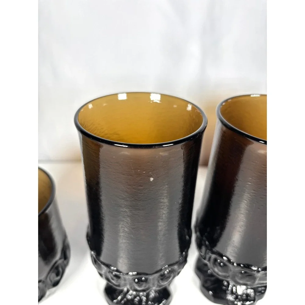 Vintage Indiana Glass Kings Crown Amber Goblets Tumblers Set Mid Century 4 Pc